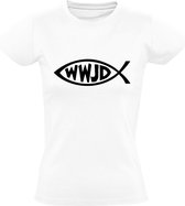 WWJD | Dames T-shirt | Christelijk | Christen | Geloof | Jezus | Katholiek | Protestant | Christendom | Wit