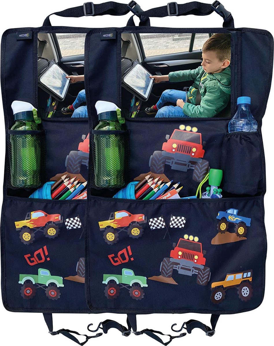 Image of 2x kinderautostoel rugleuningbeschermer organizer met verstelbare tablettas, opslag voor accessoires - Monster Truck motief - universeel - 70x45cm - incl. bekerhouder + opbergnet