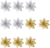 10 Stuks - Kunstmatige Glitter Bloemen - Decoratieve Poinsettia Bloemen - Kerstboom Ornamenten - 15 cm - Zilver / Goud