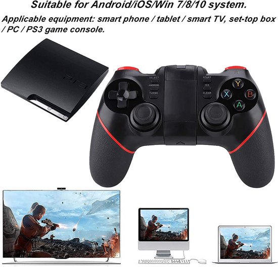 Draadloze Gaming Controller, T6 Bluetooth Draadloze Gamepad Joystick Controller voor Smartphone/Tablet/Smart TV/Settop Box/PC/PS3, Ondersteuning voor iOS/Andriod - LuxeBass