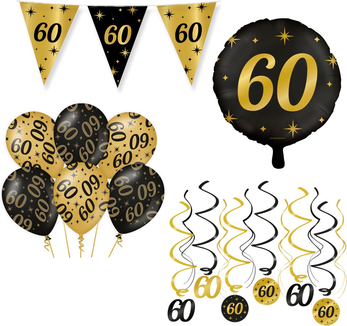 60 Jaar Verjaardag Decoratie Versiering - Feest Versiering - Swirl - Folie Ballon - Vlaggenlijn - Ballonnen - Man & Vrouw - Zwart en Goud - Merkloos