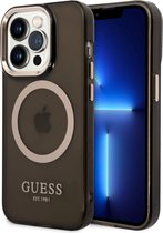 Guess iPhone 14 Pro Max Hardcase Backcover - Gold Buttons & Camera - Magsafe Compatible - Doorzichtig - Zwart