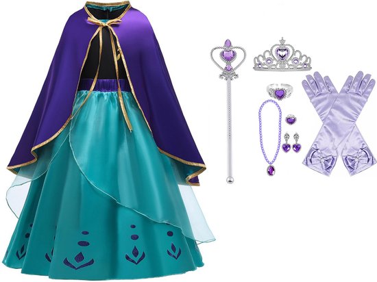 Prinsessenjurk meisje + Prinsessen accessoires - Carnavalskleding meisje - Verkleedjurk - maat 116/122 (120) - Tiara - Kroon - Magische toverstaf - Lange handschoenen - Juwelen - Kleed