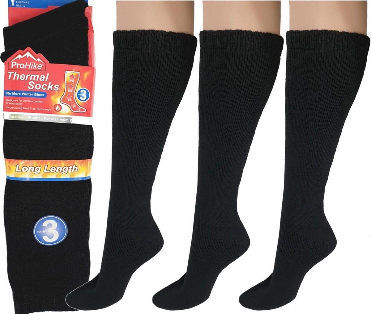 3 paar ProHike thermo sokken extra lang kleur zwart maat 42 43 44