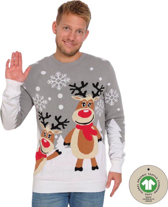 Ugly Christmas Sweater Women & Men - Christmas Sweater "Two Dear Rennes" - 100% Organic Katoen - Noël Sweater Men & Women Size M