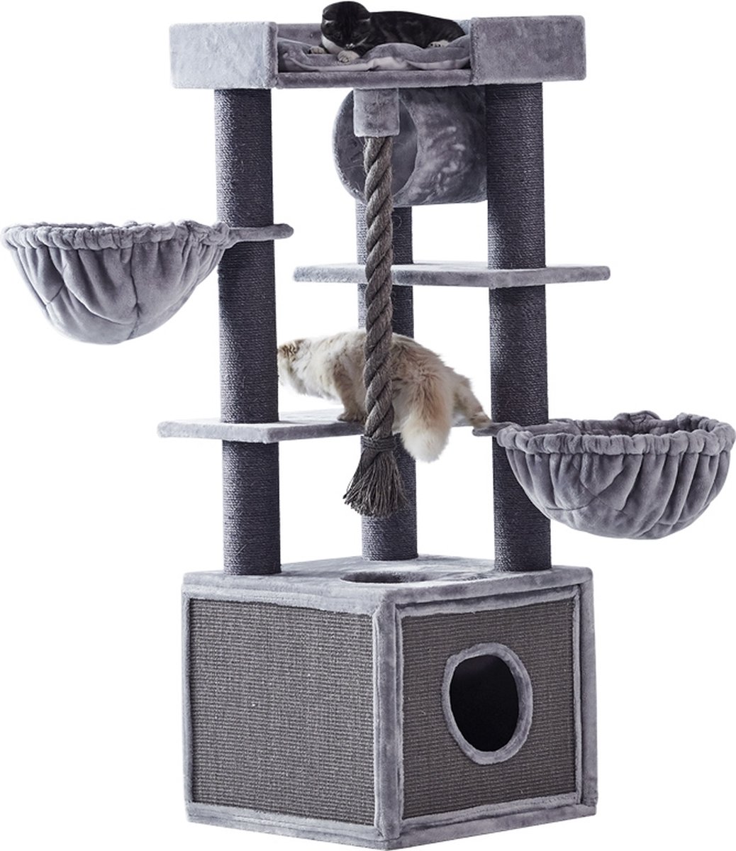 Nobby Krabmeubel Adile – Krabpaal – Huisje – XXL – Touw – Hangmat – Grijs – Grote Kat – Zware Kat – Maine Coon – 60 X 60 X 166 CM