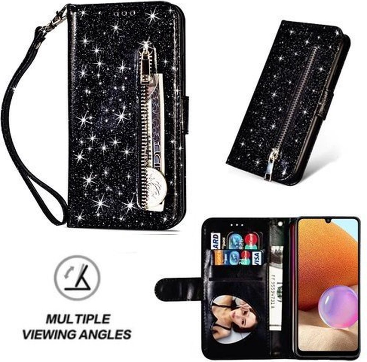 Samsung A32 4G Glitter Hoesje Met Pasjeshouder Bookcase Zwart