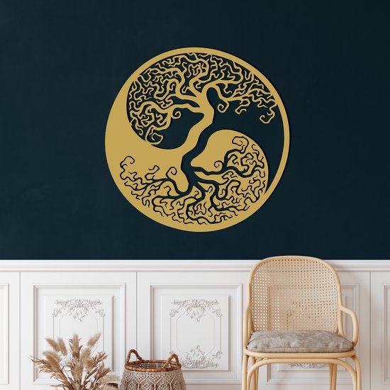Wanddecoratie | Levensboom Yin Yang / Tree of Life Yin Yang | Metal - Wall Art | Muurdecoratie | Woonkamer | Buiten Decor |Gouden| 60x60cm