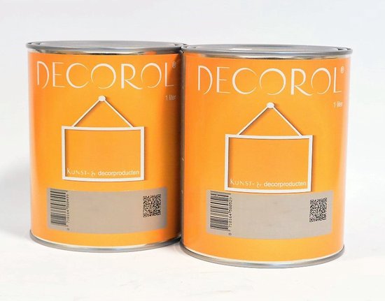 Twee blikken Decorol zilververf van 1 liter met oranje label en een afbeelding van een lijst.