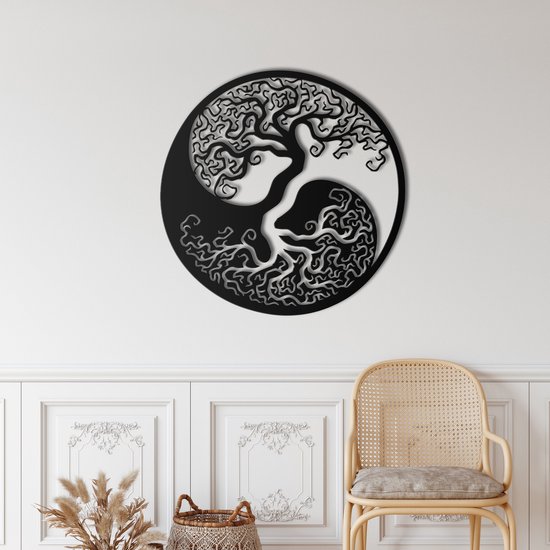 Wanddecoratie | Levensboom Yin Yang / Tree of Life Yin Yang | Metal - Wall Art | Muurdecoratie | Woonkamer | Buiten Decor |Zwart| 71x71cm