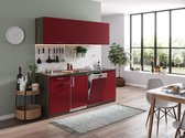 Goedkope keuken 195  cm - complete keuken met apparatuur Oliver  - Donker eiken/Rood   - keramische kookplaat - vaatwasser        - spoelbak