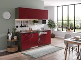 Goedkope keuken 195  cm - complete keuken met apparatuur Oliver  - Donker eiken/Rood   - keramische kookplaat - vaatwasser     - magnetron  - spoelbak