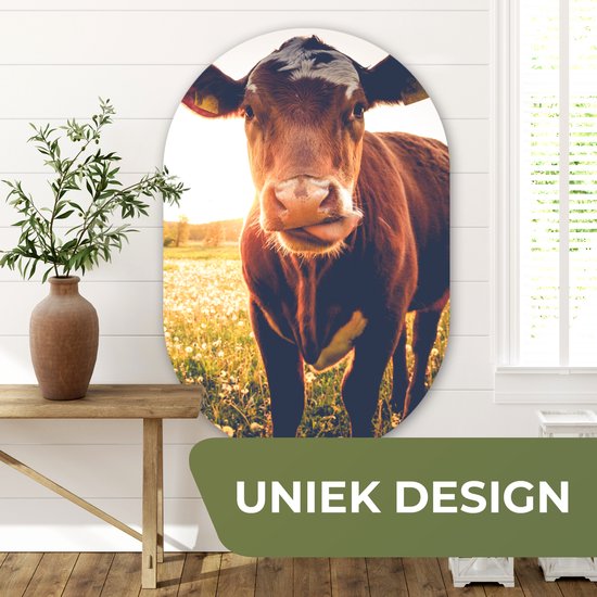 Ovale mural - Ovale mural - Décoration murale en plastique - Tableau ovale - Vache - Coucher de soleil - Fleurs - Herbe - Animaux - 80x120 cm - Forme miroir ovale sur plastique