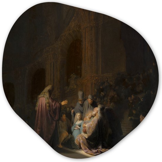 Organische Wanddecoratie - Kunststof Muurdecoratie- Organisch Schilderij - Het loflied van Simeon - Schilderij van Rembrandt van Rijn- 40x40 cm - Asymmetrische spiegel vorm op kunststof