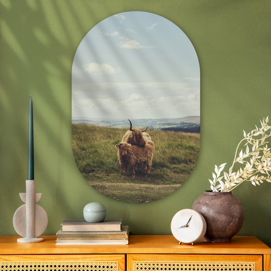 Wall Oval - Décoration murale en plastique - Peinture ovale - Highlanders écossais - Herbe - Nuages - Animaux - 60x90 cm - Forme miroir ovale sur plastique