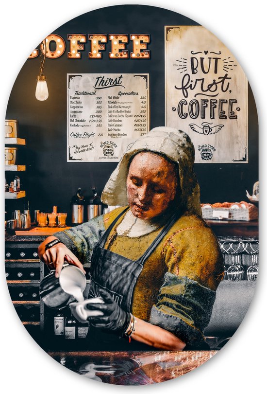 Muurovaal - Wandovaal - Kunststof Wanddecoratie - Ovalen Schilderij - Melkmeisje - Barista - Koffie - Vintage - Kunst - Abstract - Schilderij - Oude meesters - 80x120 cm - Ovale spiegel vorm op kunststof