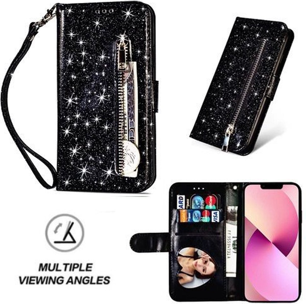 iPhone 13 Glitter Hoesje Met Pasjeshouder Bookcase Zwart