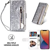 iPhone 12 Pro Max Glitter Hoesje Met Pasjeshouder Bookcase Zilver