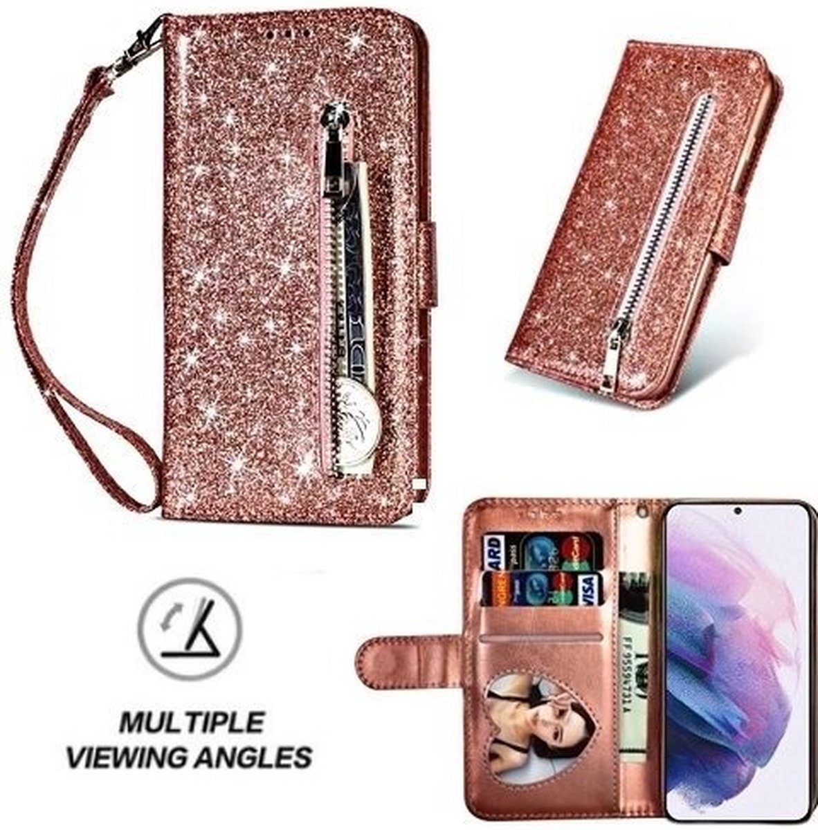 Samsung S21 Plus Glitter Hoesje Met Pasjeshouder Bookcase Rose Goud