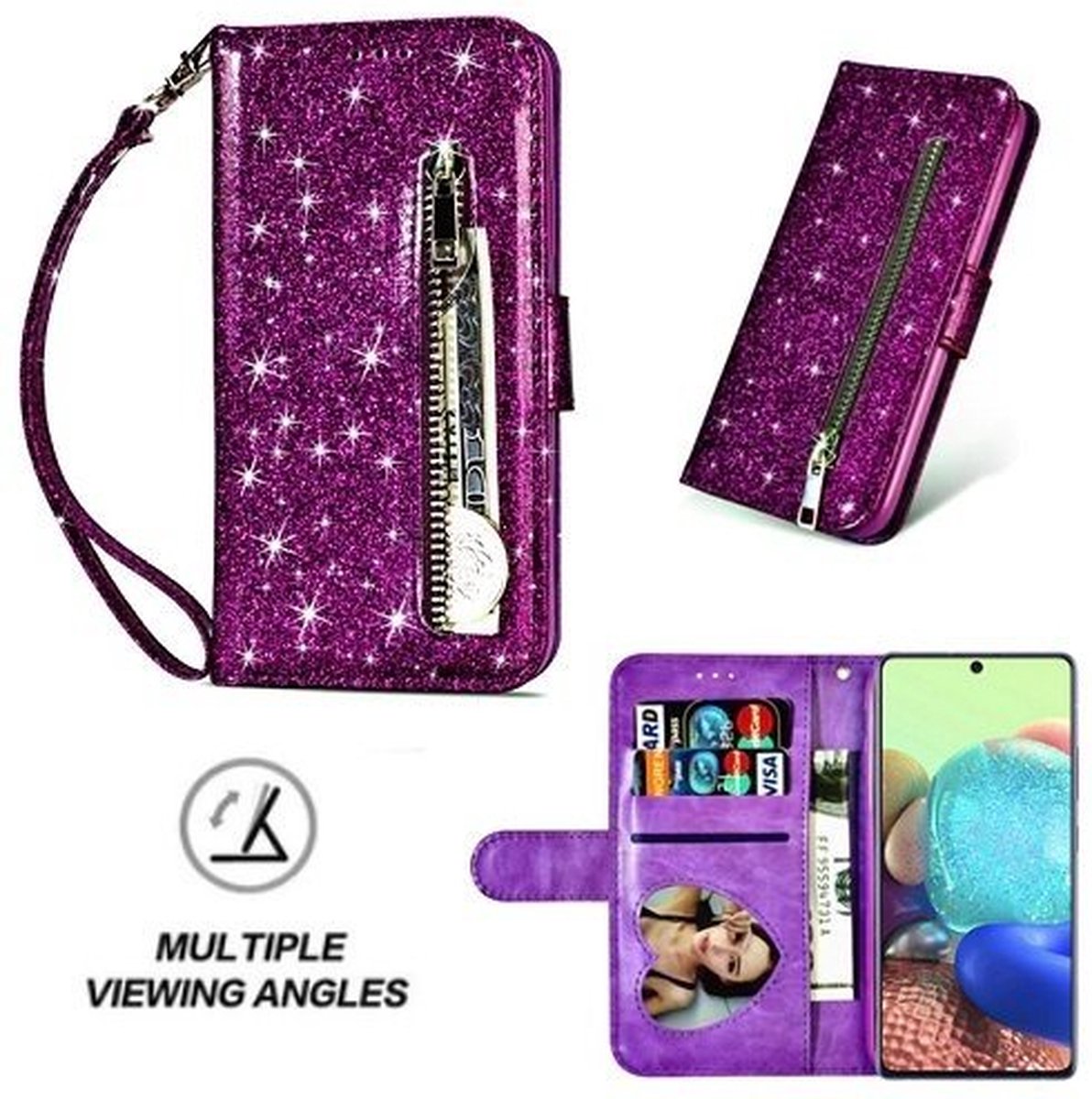 Samsung A71 Glitter Hoesje Met Pasjeshouder Bookcase Paars