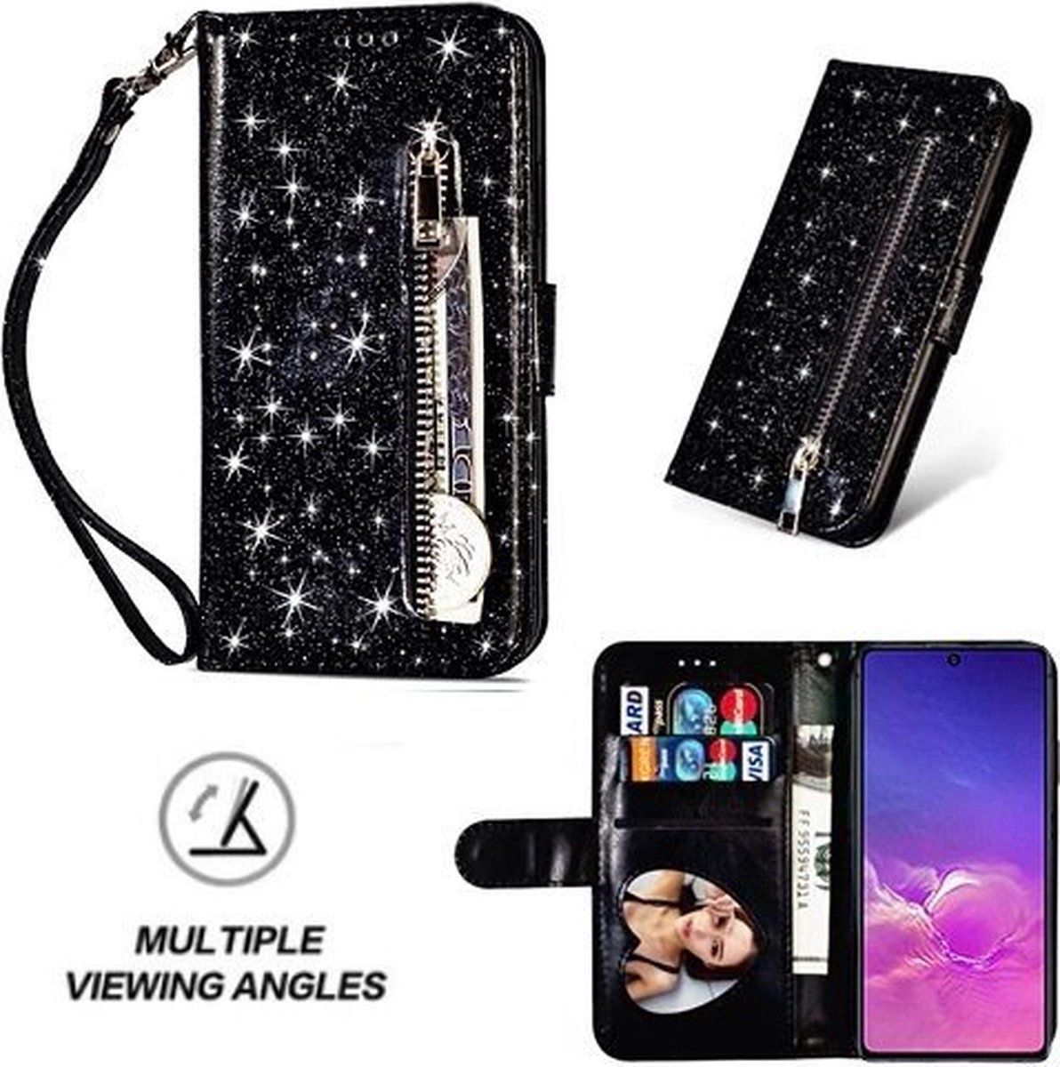 Samsung S10 Lite Glitter Hoesje Met Pasjeshouder Bookcase Zwart