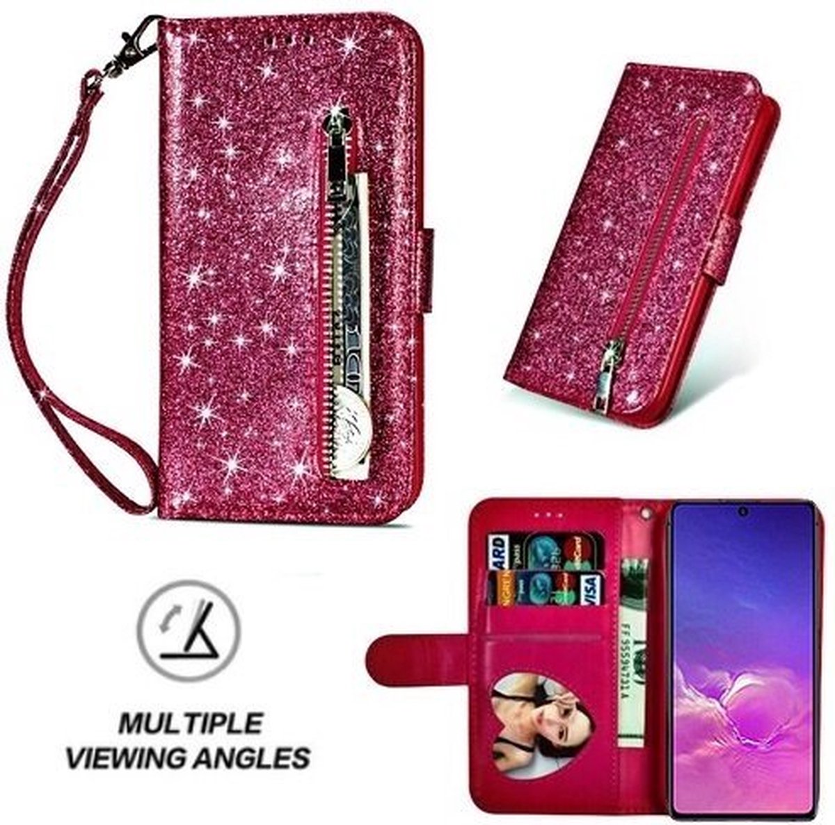 Samsung S10 Lite Glitter Hoesje Met Pasjeshouder Bookcase Roze