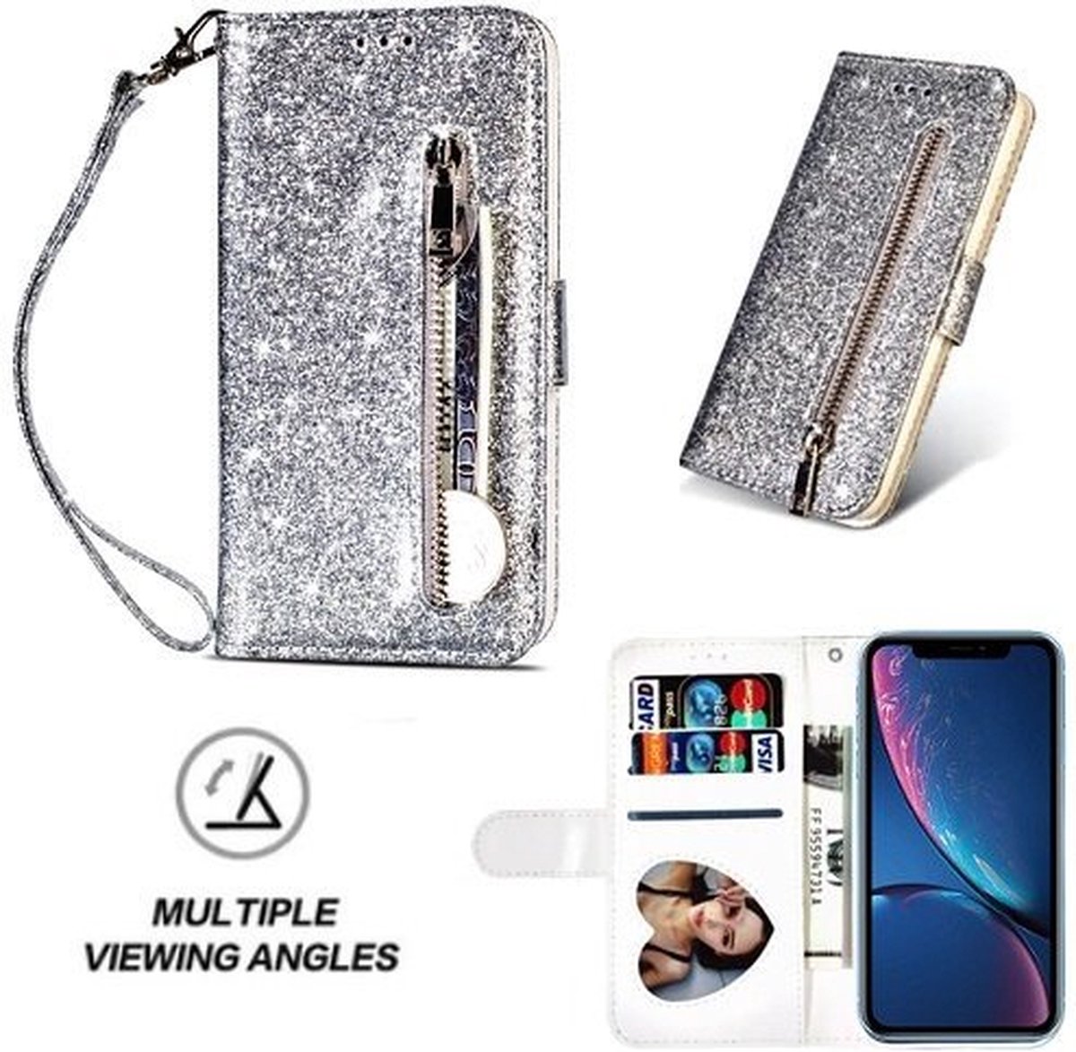 iPhone XR Glitter Hoesje Met Pasjeshouder Bookcase Zilver