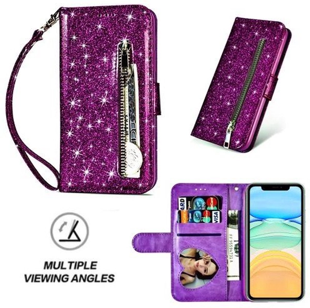 iPhone 11 Glitter Hoesje Met Pasjeshouder Bookcase Paars