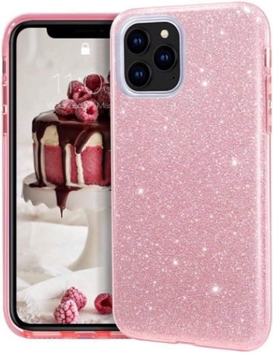 iPhone 12 Siliconen Glitter Hoesje Rose Goud