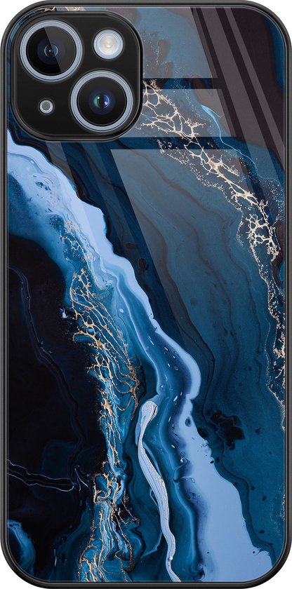 Coque iPhone 14 verre - Marbre bleu cobalt - Coque rigide - Zwart - Coque arrière - Marbre - Blauw
