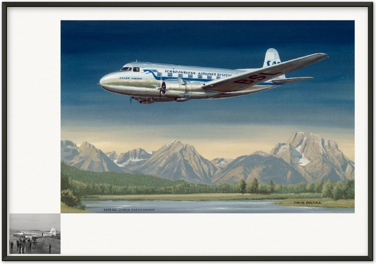 TP Aviation Art Thijs Postma - TP Aviation Art - Poster - Saab 90A Scandia SAS Zweden - 70x100cm - Frame Kleur