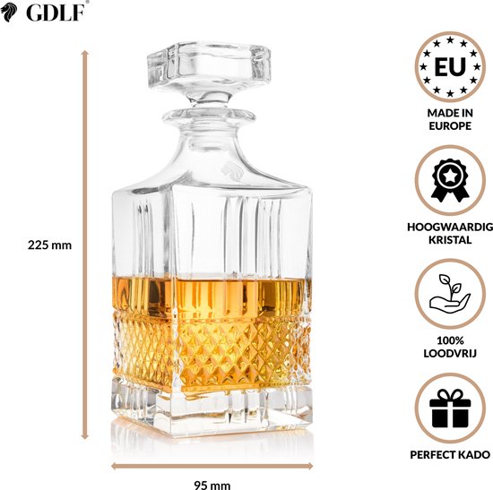 GDLF® Kristal Whiskey Karaf Superior - Whiskey Set - Decanteer Karaf - Made in Italie - Peaky Blinders - Kristallen Karaf voor Whiskey, Gin, Wodka, Likeur, Wijn & Rum - 800 ML - Cadeau voor Man & Vrouw - GDLF®
