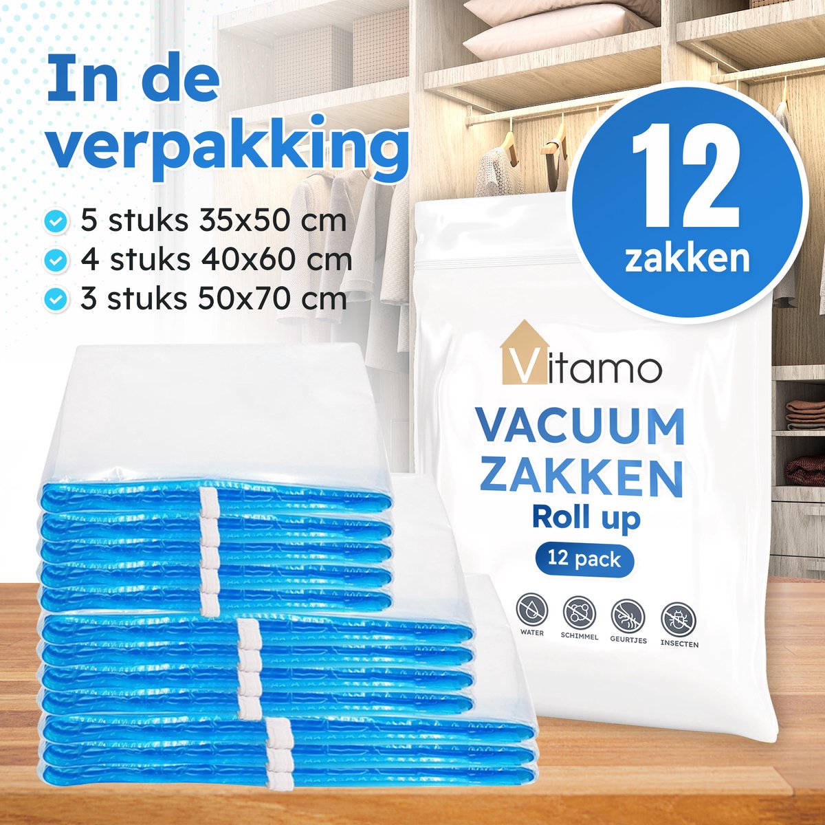 Roll Up Vacuüm Opbergzakken - 12 Stuk - 3 Maten oprolbare vacuümzakken - Meer ruimte