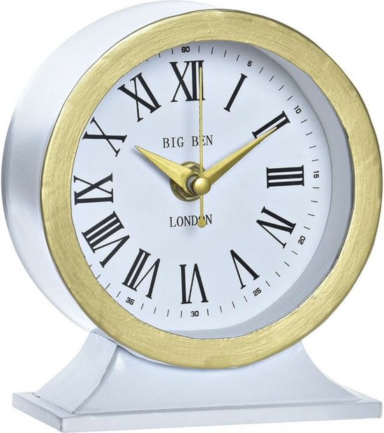 Horloge de table - chiffres romains - blanc/or - fer/verre - 12 x 6 x 13 cm