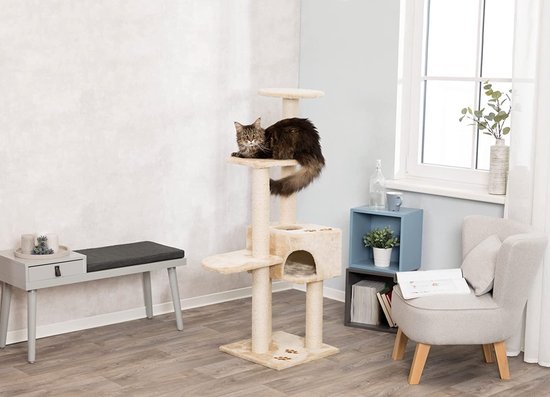 COSTWAY Krabpaal Groot, 197 cm, Kattenboom met Hangmat & Kattenhol & Hangmand & Ballen, 15 cm Dikke Stammen, Kattenkrabboom Hout, Katten Kattenmeubel, Klimboom Activiteitenboom Speelboom, Beige