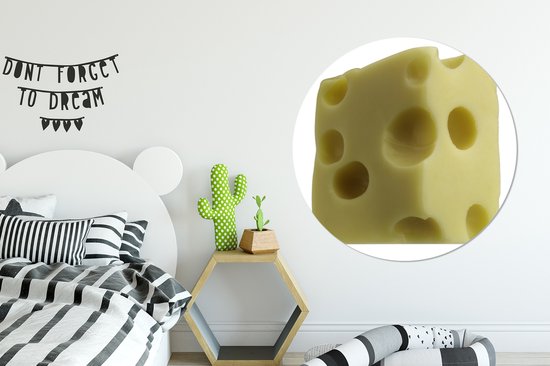 Bloc de fromage suisse avec trous sur fond blanc. Assiette en plastique cercle mural ⌀ 140 cm