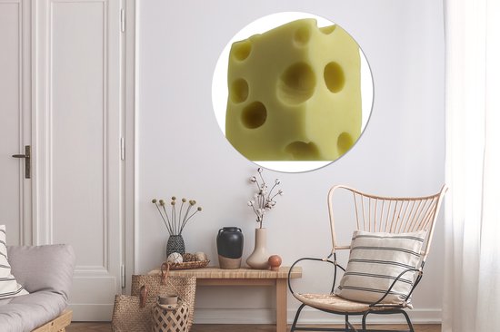 Bloc de fromage suisse avec trous sur fond blanc. Assiette en plastique cercle mural ⌀ 140 cm