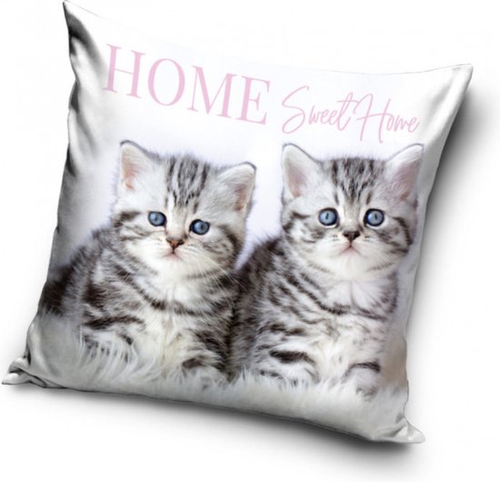 Kitten - 2 kittens - Home sweet home - sierkussensloop - 40 x 40 cm - licht grijs