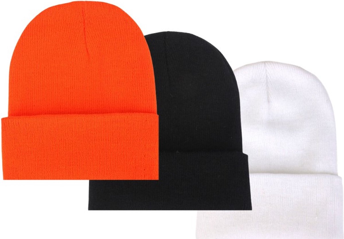 ASTRADAVI Beanie Hats - Muts - Warme Unisex Skimutsen Hoofddeksels - 3 Stuks Winter Mutsen - Oranje, Zwart, Wit