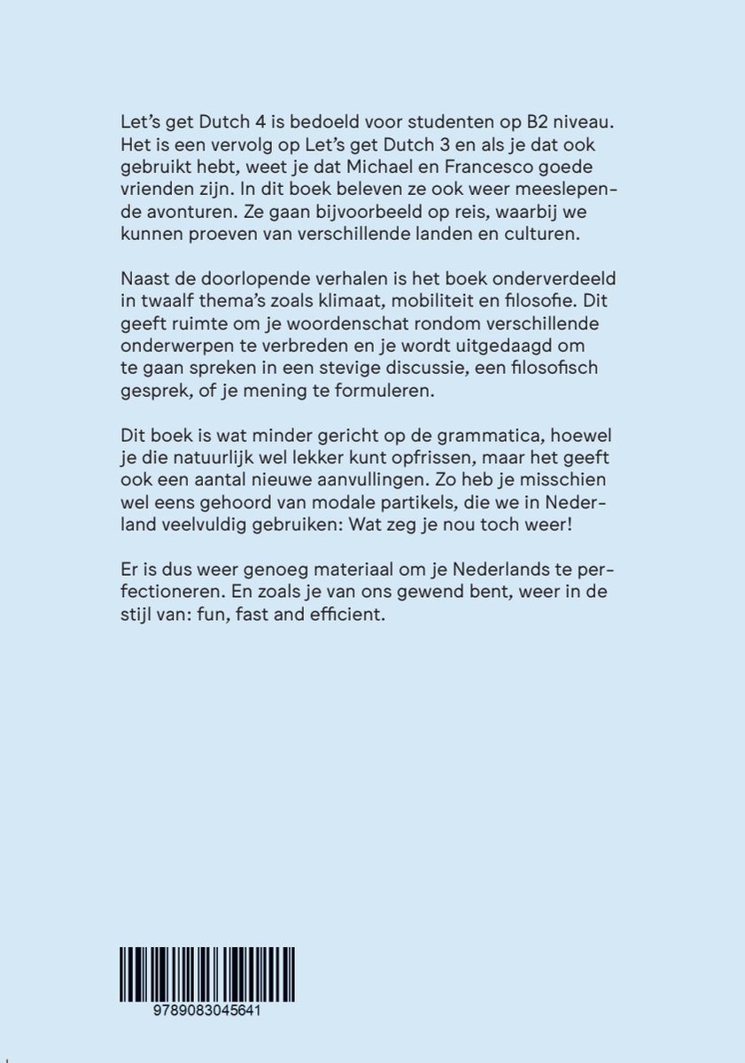 Achterkant van een boek met tekst over 'Let's Get Dutch 4', niveau B2.