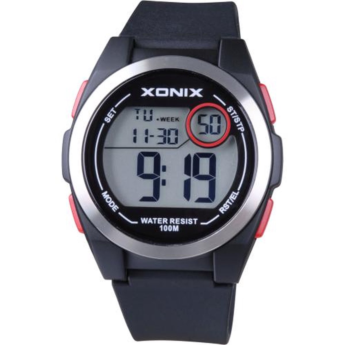 Xonix KQ-B06 - Horloge - Digitaal - Heren - Mannen - Siliconen band - ABS - Cijfers - Achtergrondverlichting - Alarm - Start-Stop - Chronograaf - Tweede tijdzone - Waterdicht - 10 ATM - Zwart - Rood - Zilverkleurig