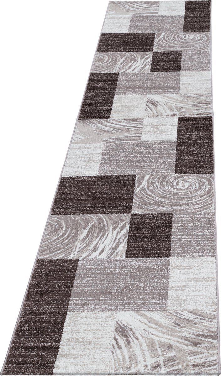 Ayyildiz Laagpolig vloerkleed met abstract ruitpatroon, bruine kleur, geschikt voor de woonkamer, met een jute achterkant, afmetingen: 80 x 300 cm BROWN