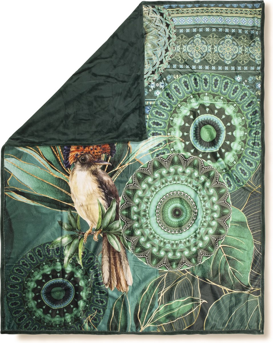 Luxe Plaid 130x160 cm - Vogel en Mandala Print - Groen/Blauw - Polyester - Voor Woonkamer of Slaapkamer