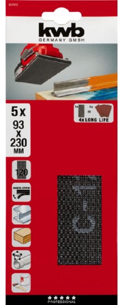 KWB schuurgaas 93 x 230 mm - Korrel 220 - Longlife - 857022 - 5 stuks