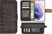 Samsung Galaxy S21 Plus hoesje - Bookcase - Samsung S21 Plus Book Case Wallet Echt Leder Croco Chocoladebruin