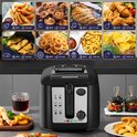Aigostar frituurpan met afbeeldingen van gefrituurde snacks en ingrediënten. Digitale bediening.