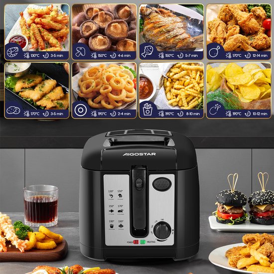 Aigostar frituurpan met afbeeldingen van gefrituurde snacks en ingrediënten. Digitale bediening.