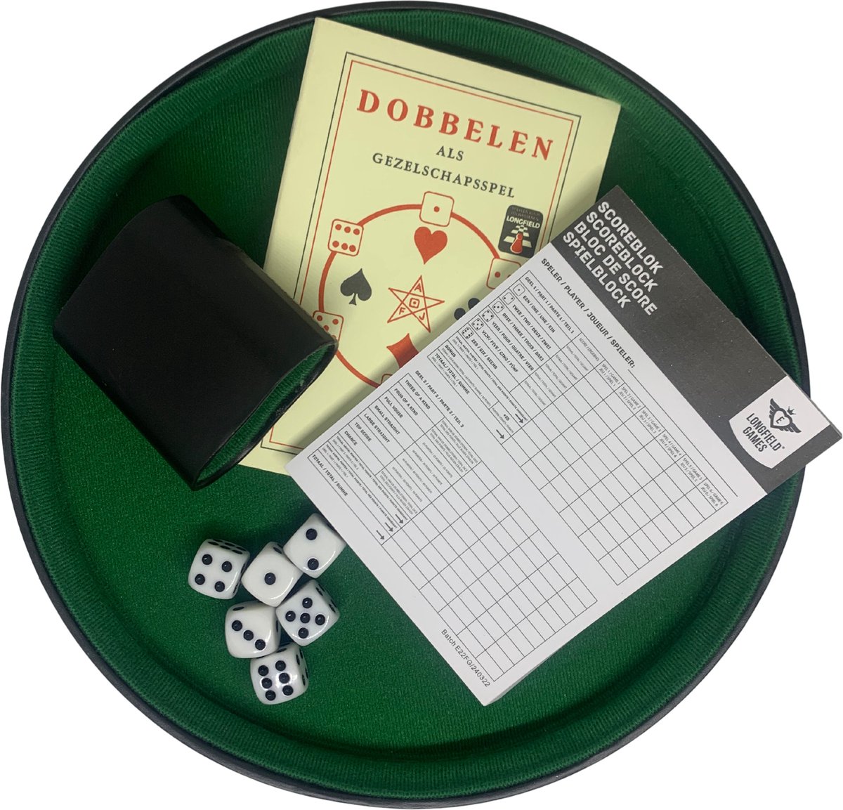 Yahtzee Set met Spelregels - 6 Dobbelstenen - Scoreblok 100x - Pokerbeker - Pokerpiste - Spelregels en scoreblok in het Nederlands!