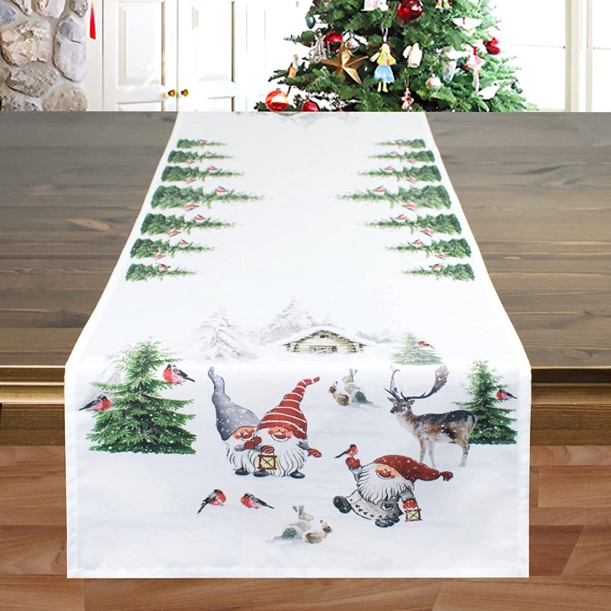 KAMACA Tafelkleed kabouter hoogwaardig bedrukt motief met prachtige kerstmotieven - een sieraad voor de winter advent Kerstmis (kabouter in het bos, tafelloper 40x140 cm)