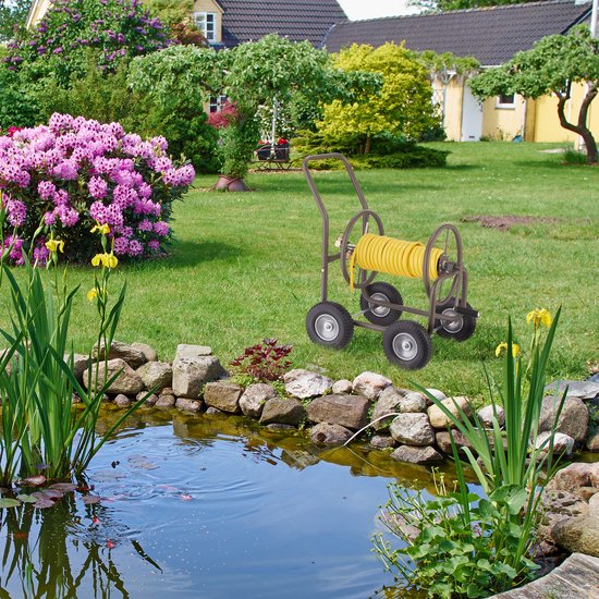 Relaxdays slangenwagen, tot 90 m slang, stevig, 4 wielen, klikkoppeling, metalen tuinslanghaspel met mandje, bruin Relaxdays slangenwagen, tot 90 m slang, stevig, 4 wielen, klikkoppeling, metalen tuinslanghaspel met mandje, bruin